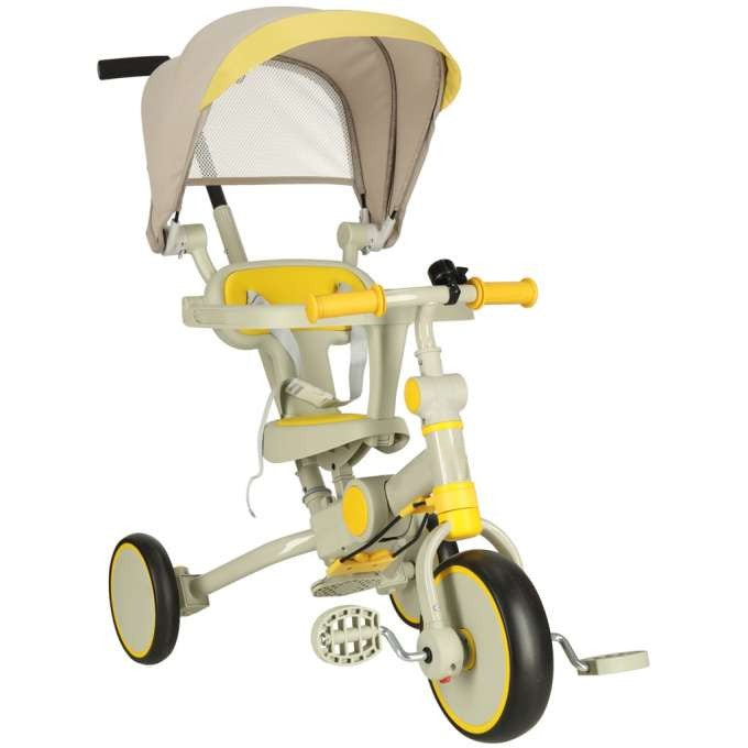 Tricicleta 6 in 1 copii, Zola, cu pedale, baldachin UV pliabil si detasabil, greutate suportata 25 kg, cadru otel, bej/galben Tricicleta 6 in 1 copii, Zola, cu pedale, baldachin UV pliabil si detasabil, greutate suportata 25 kg, cadru otel, bej/galben